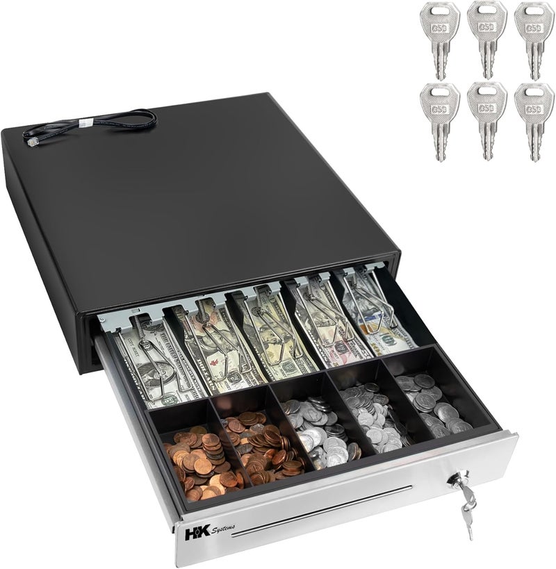 HK SYSTEMS 16inch "Stainless Steel" Front Heavy Duty Black POS Cash Drawer with 5Bill/5Coin - Image 1